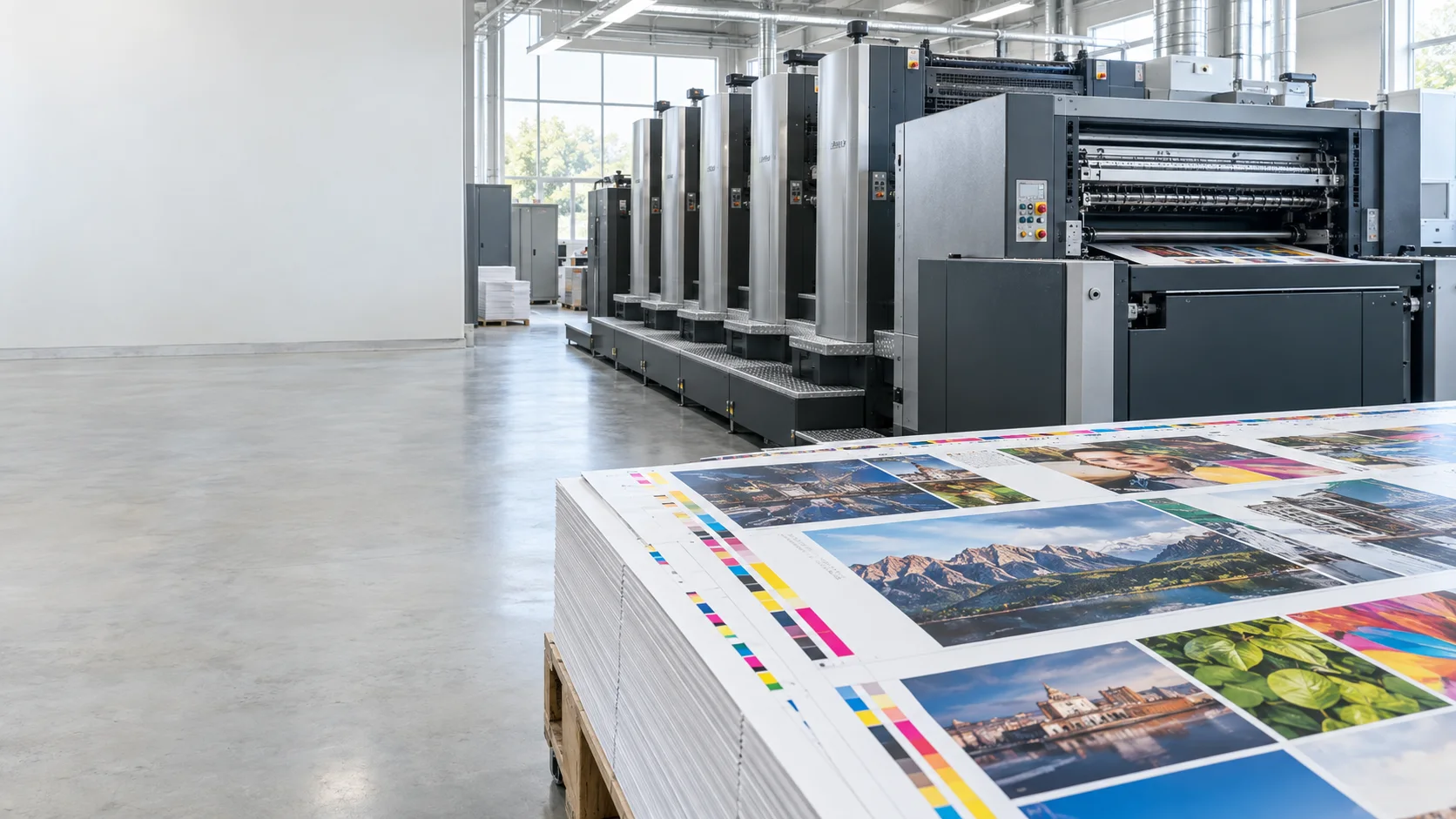 Impressora offset e folhas coloridas em uma gráfica